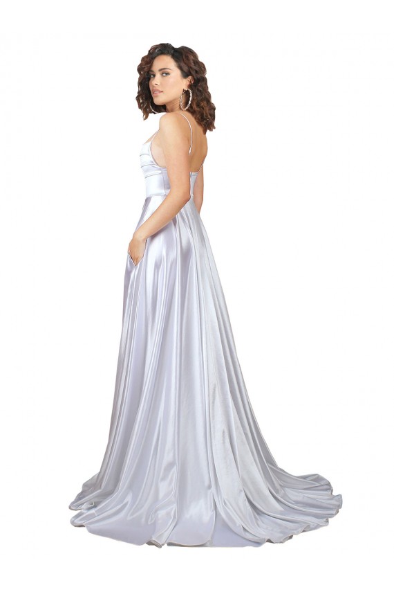 Simple A-Line Corset Style Pleated Long Stretch Satin Beach Wedding Dress with High Slit Bristol