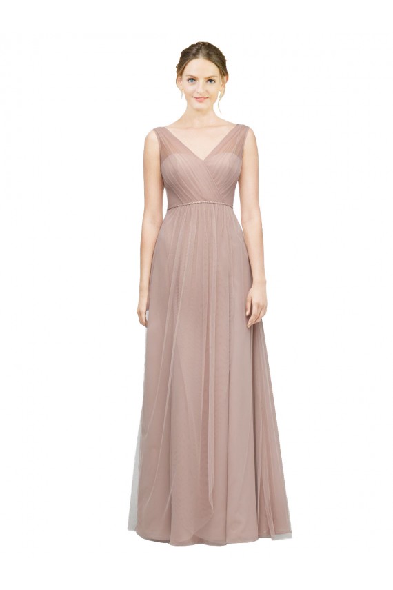 Full Length Draped Long V-Neck Tulle Bridesmaid Dress Bristol