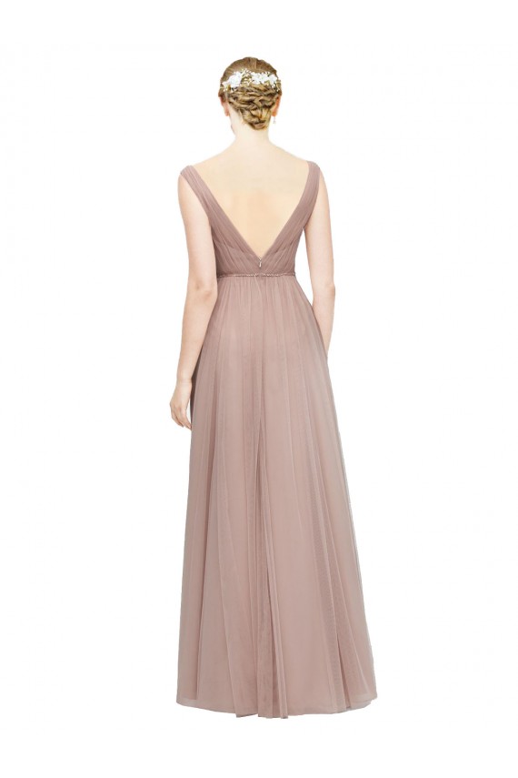 Full Length Draped Long V-Neck Tulle Bridesmaid Dress Bristol