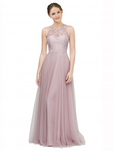 High Neck Long Tulle Bridesmaid Dress with Lace Bodice Bristol