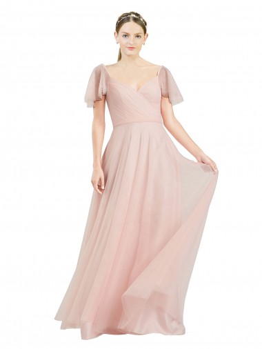 Long V-Neck Flutter Sleeves Tulle Bridesmaid Dress Bristol