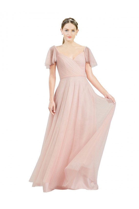 Long V-Neck Flutter Sleeves Tulle Bridesmaid Dress Bristol
