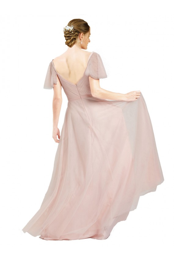 Long V-Neck Flutter Sleeves Tulle Bridesmaid Dress Bristol
