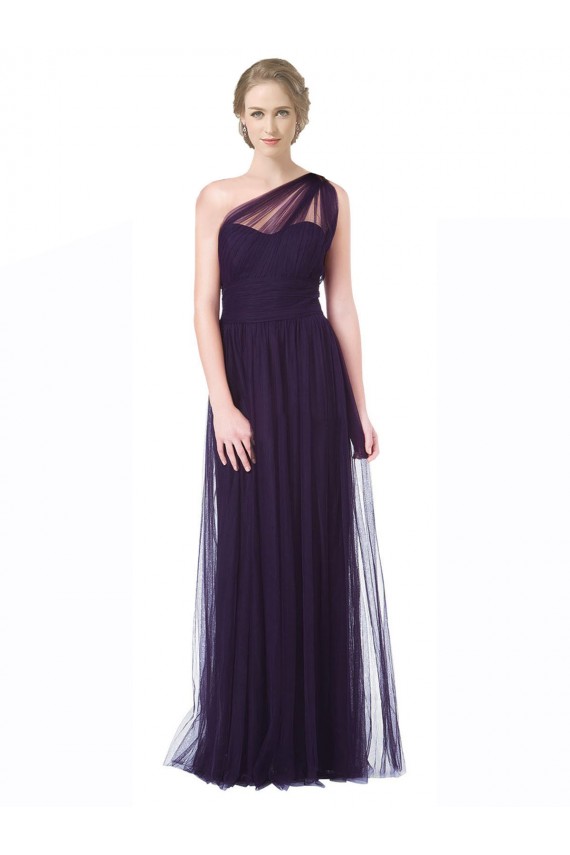 One Shoulder Long Tulle Bridesmaid Gown with Sheer Netting Strap Bristol