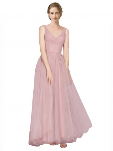 Long Floor Length Wide Strap Plunge Cross Over Neckline Tulle Bridesmaid Dress Bristol