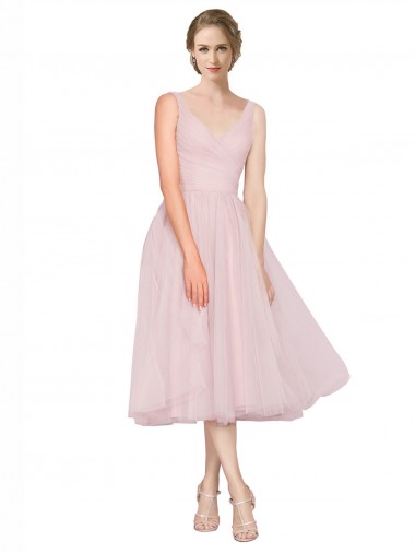 Short Tea Length Wide Strap Plunge Cross Over Neckline Tulle Cocktail Bridesmaid Dress Bristol