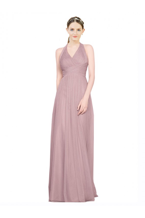 Ruffled Halter V-Neck Long Tulle Bridesmaid Dress with Pleats Bristol