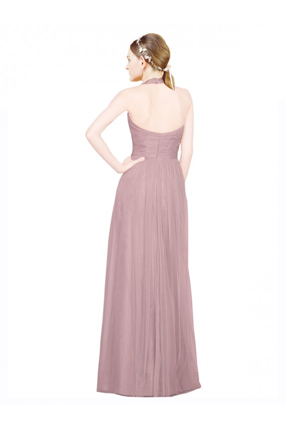 Ruffled Halter V-Neck Long Tulle Bridesmaid Dress with Pleats Bristol