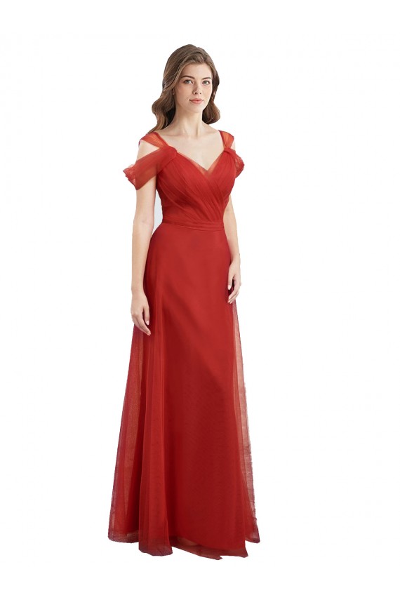 Cold Shoulder Pleated Wrap Tulle Bridesmaid Dress with Low V-Back Bristol