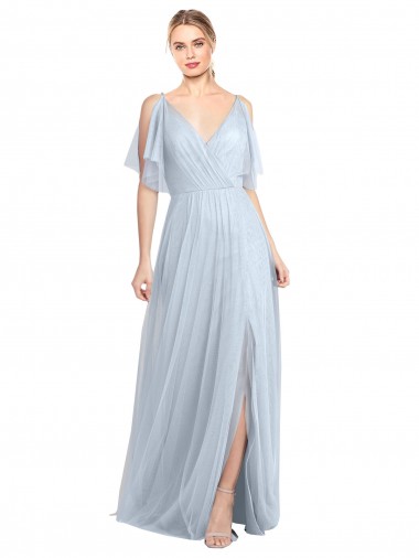 Floor Length Flutter Sleeves Long Tulle Bridesmaid Dress with Side Slit Bristol