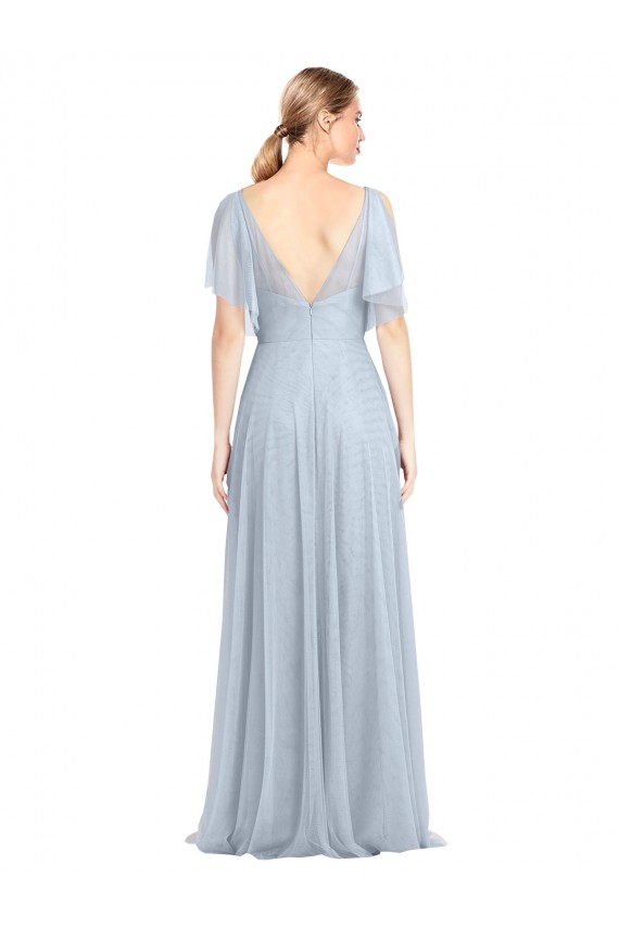 Floor Length Flutter Sleeves Long Tulle Bridesmaid Dress with Side Slit Bristol