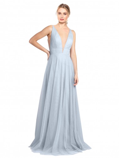 Plunging Deep V-Neck Long Tulle Bridesmaid Dress with V-Back Bristol