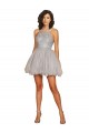 Halter Neckline Criss Cross Back Short Cocktail Dress with Beaded Lace Bodice Bristol