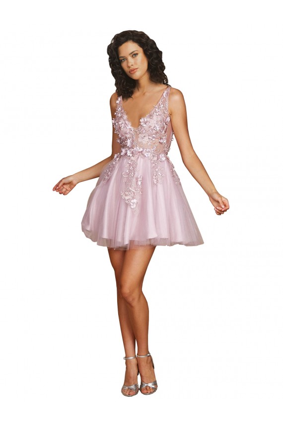 Sleeveless V-Neckline Short Cocktail Dress with Embellished Lace Appliques Bristol