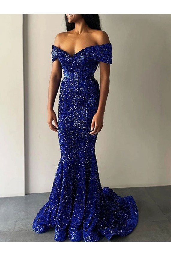 Mermaid Off the Shoulder Sleeveless Long Sweep Train Velvet Sequin Prom Dress Bristol