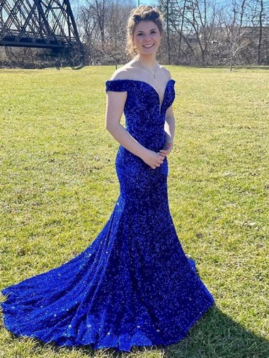 Off the Shoulder Sleeveless Long Sweep Train Velvet Sequin Prom Dress Bristol