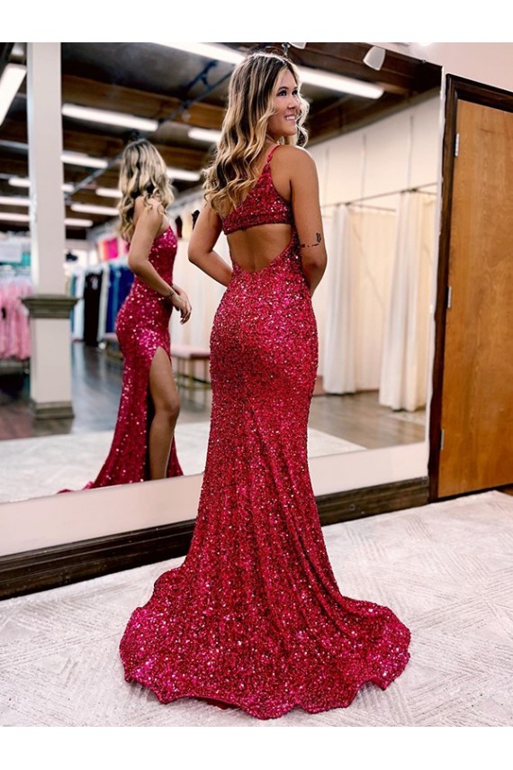 Mermaid One Shoulder Sleeveless Long Sweep Train Velvet Sequin Prom Dress with High Slit Bristol