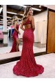 Mermaid One Shoulder Sleeveless Long Sweep Train Velvet Sequin Prom Dress with High Slit Bristol