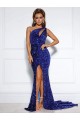 Mermaid One Shoulder Sleeveless Long Court Train Velvet Sequin Prom Dress with Slit Bristol