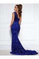 Mermaid One Shoulder Sleeveless Long Court Train Velvet Sequin Prom Dress with Slit Bristol