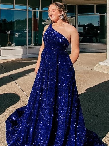 A-Line One Shoulder Sleeveless Long Sweep Train Velvet Sequin Prom Dress with Pockets Bristol