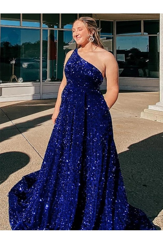 A-Line One Shoulder Sleeveless Long Sweep Train Velvet Sequin Prom Dress with Pockets Bristol