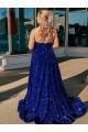 A-Line One Shoulder Sleeveless Long Sweep Train Velvet Sequin Prom Dress with Pockets Bristol