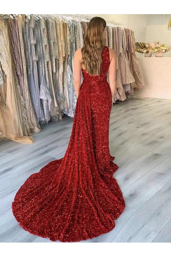 One Shoulder Sleeveless Long Court Train Velvet Sequin Prom Dress with Slit Bristol