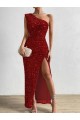 One Shoulder Sleeveless Long Floor Length Velvet Sequin Prom Dress with Slit Bristol