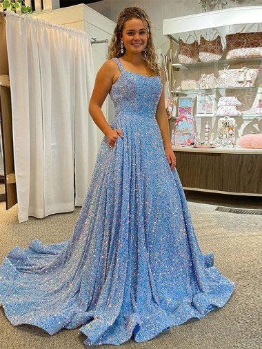 A-Line Scoop Sleeveless Long Court Train Velvet Sequin Prom Dress Bristol