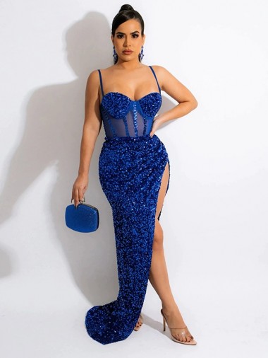 Long Sweep Train Spaghetti Straps Sleeveless Velvet Sequin Prom Dress with Slit Bristol