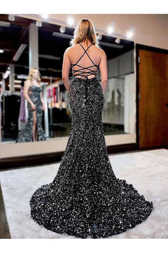 Spaghetti Straps Sleeveless Long Sweep Train Velvet Sequin Prom Dress Bristol