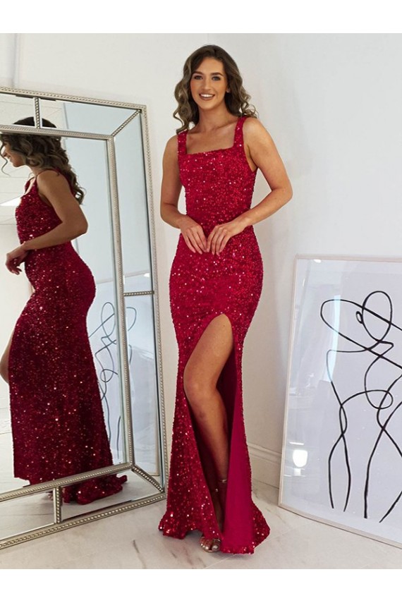 Square Neck Sleeveless Long Velvet Sequin Prom Dress with Slit Bristol