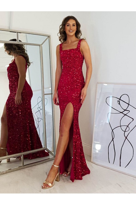 Square Neck Sleeveless Long Velvet Sequin Prom Dress with Slit Bristol