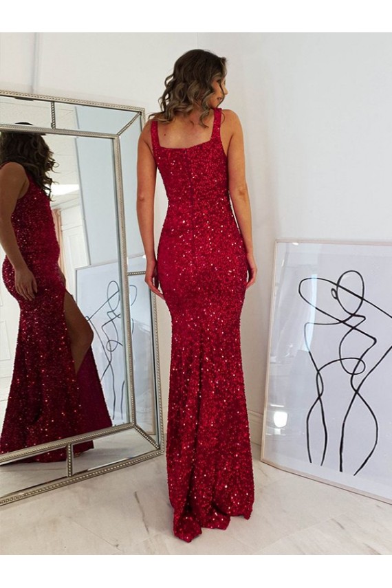 Square Neck Sleeveless Long Velvet Sequin Prom Dress with Slit Bristol