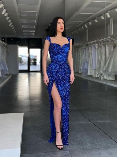 Sleeveless Long Sweep Train Velvet Sequin Prom Dress with High Slit and Straps Bristol