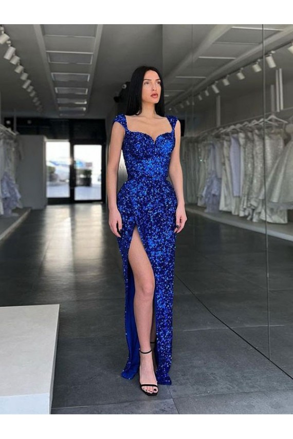 Sleeveless Long Sweep Train Velvet Sequin Prom Dress with High Slit and Straps Bristol