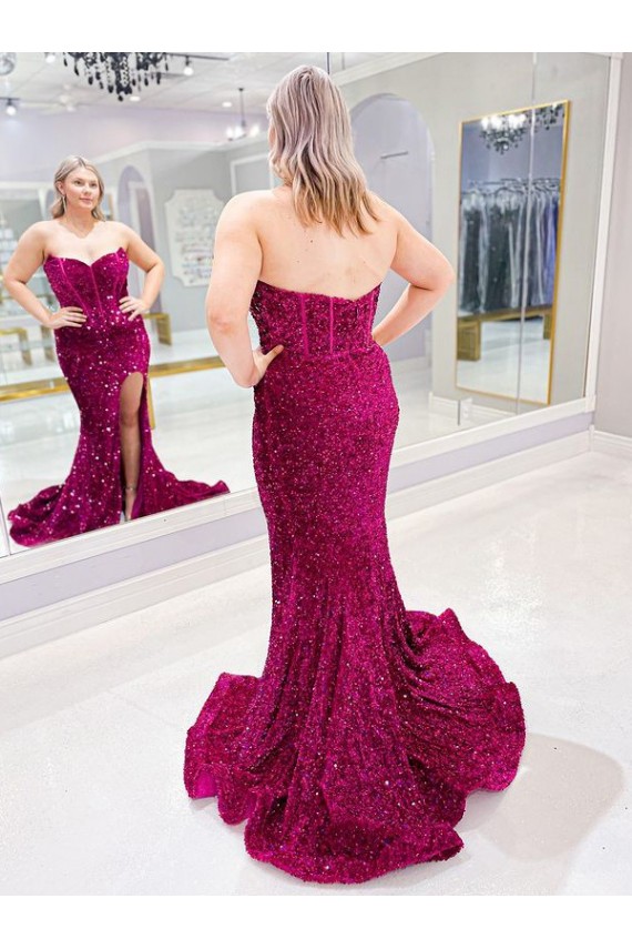 Long Sweetheart Sleeveless Sweep Train Velvet Sequin Prom Dress with Slit Bristol