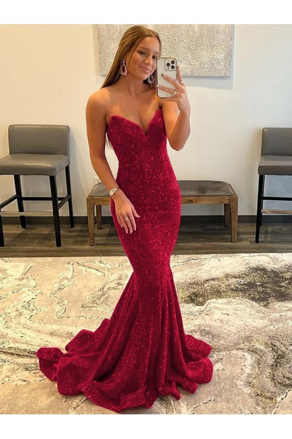 Sweetheart Sleeveless Long Sweep Train Velvet Sequin Prom Dress Bristol