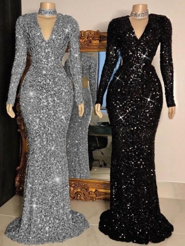 V-Neck Long Sleeves Long Sweep Train Velvet Sequin Prom Dress Bristol