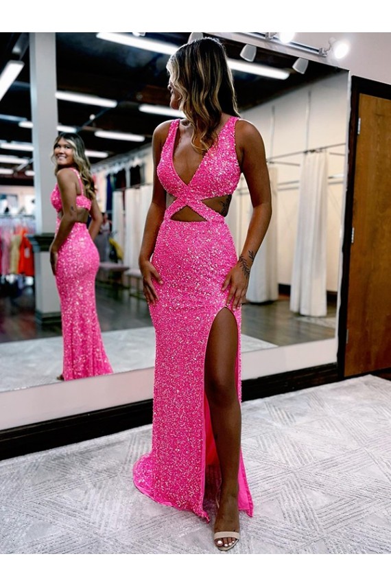 Long V-Neck Sleeveless Sweep Train Velvet Sequin Prom Dress with High Slit Bristol