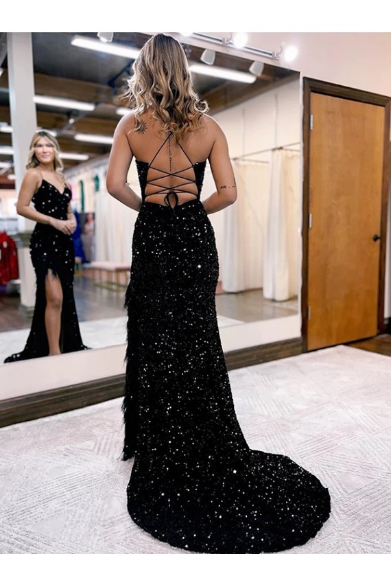 V-Neck Sleeveless Long Velvet Sequin Royal Blue Prom Dress with Side Slit Bristol