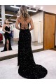 V-Neck Sleeveless Long Velvet Sequin Royal Blue Prom Dress with Side Slit Bristol