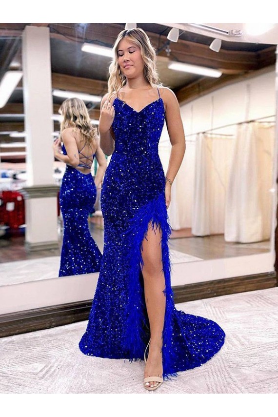 V-Neck Sleeveless Long Velvet Sequin Royal Blue Prom Dress with Side Slit Bristol