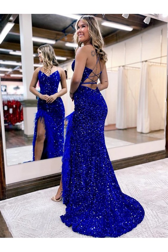 V-Neck Sleeveless Long Velvet Sequin Royal Blue Prom Dress with Side Slit Bristol