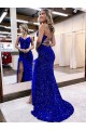 V-Neck Sleeveless Long Velvet Sequin Royal Blue Prom Dress with Side Slit Bristol