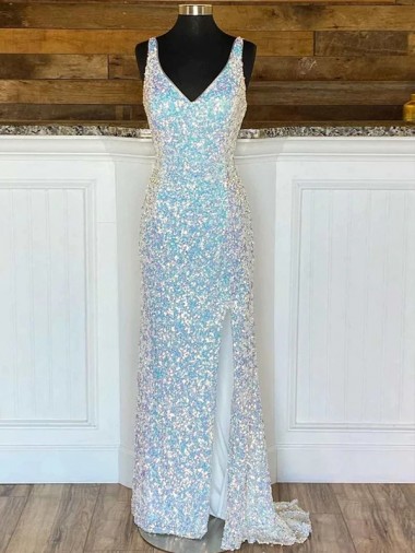 V-Neck Sleeveless Long Sweep Train Velvet Sequin Prom Dress Bristol