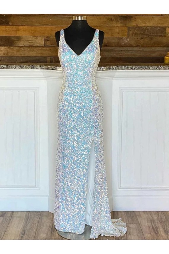 V-Neck Sleeveless Long Sweep Train Velvet Sequin Prom Dress Bristol