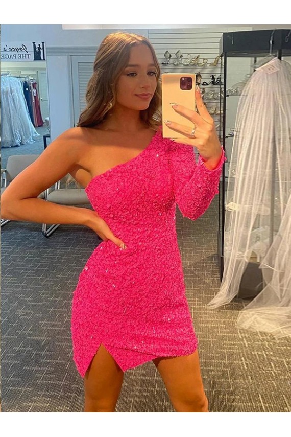 Short Velvet Sequin One Shoulder Long Sleeves Homecoming Dress / Prom Dress Bristol