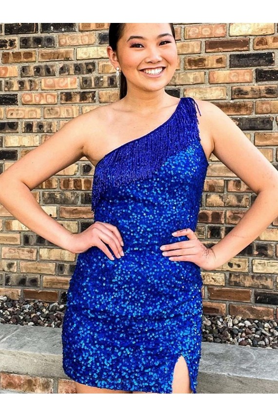 One Shoulder Sleeveless Short Velvet Sequin Royal Blue Homecoming Dress / Prom Dress Bristol